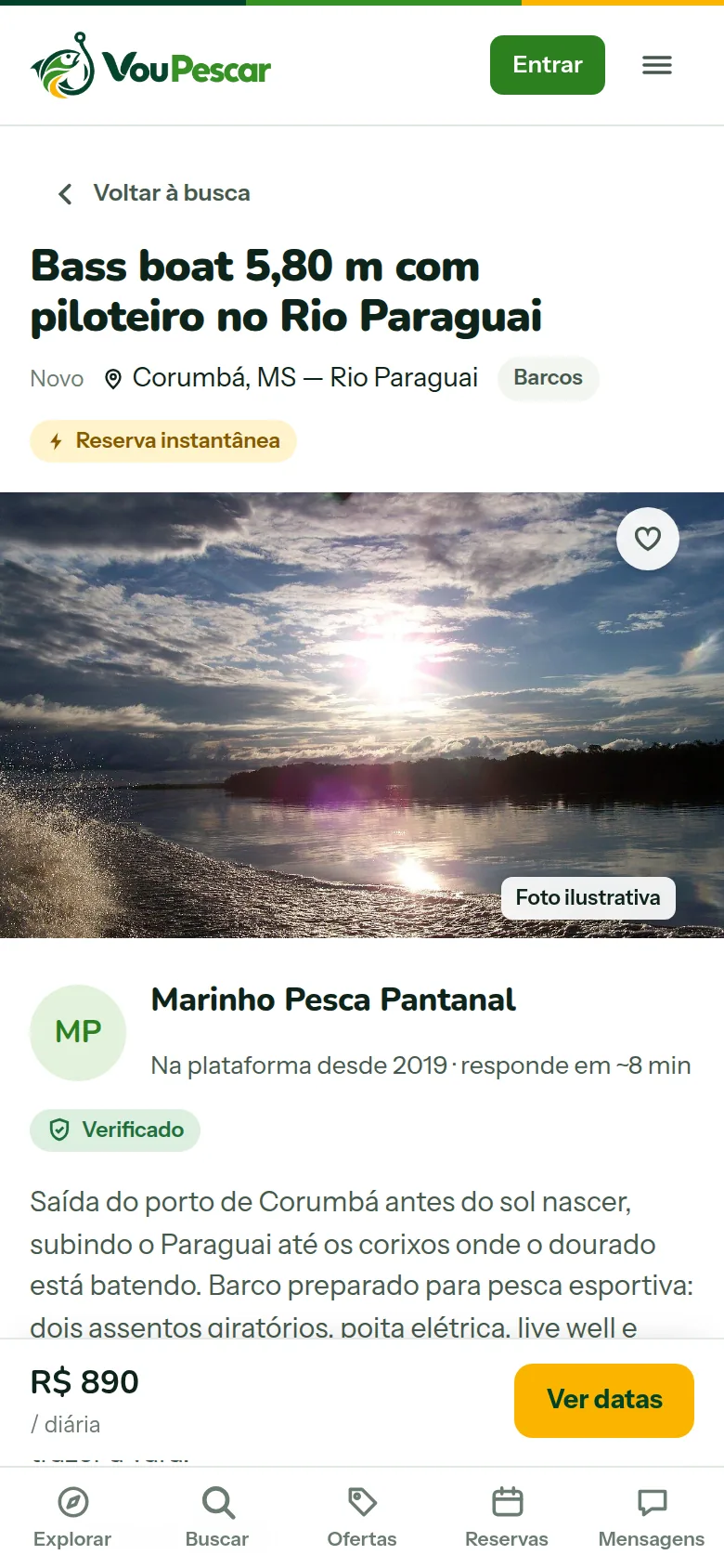 Página de um anúncio com fotos, operador verificado e botão Ver datas