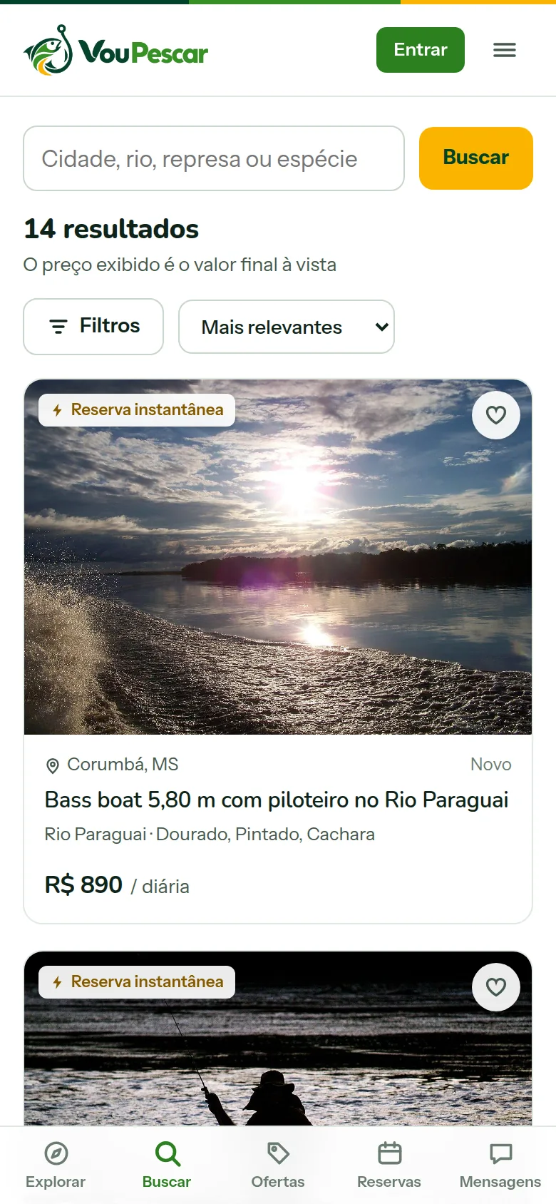 Resultados da busca com anúncios, preço final e selo de reserva instantânea