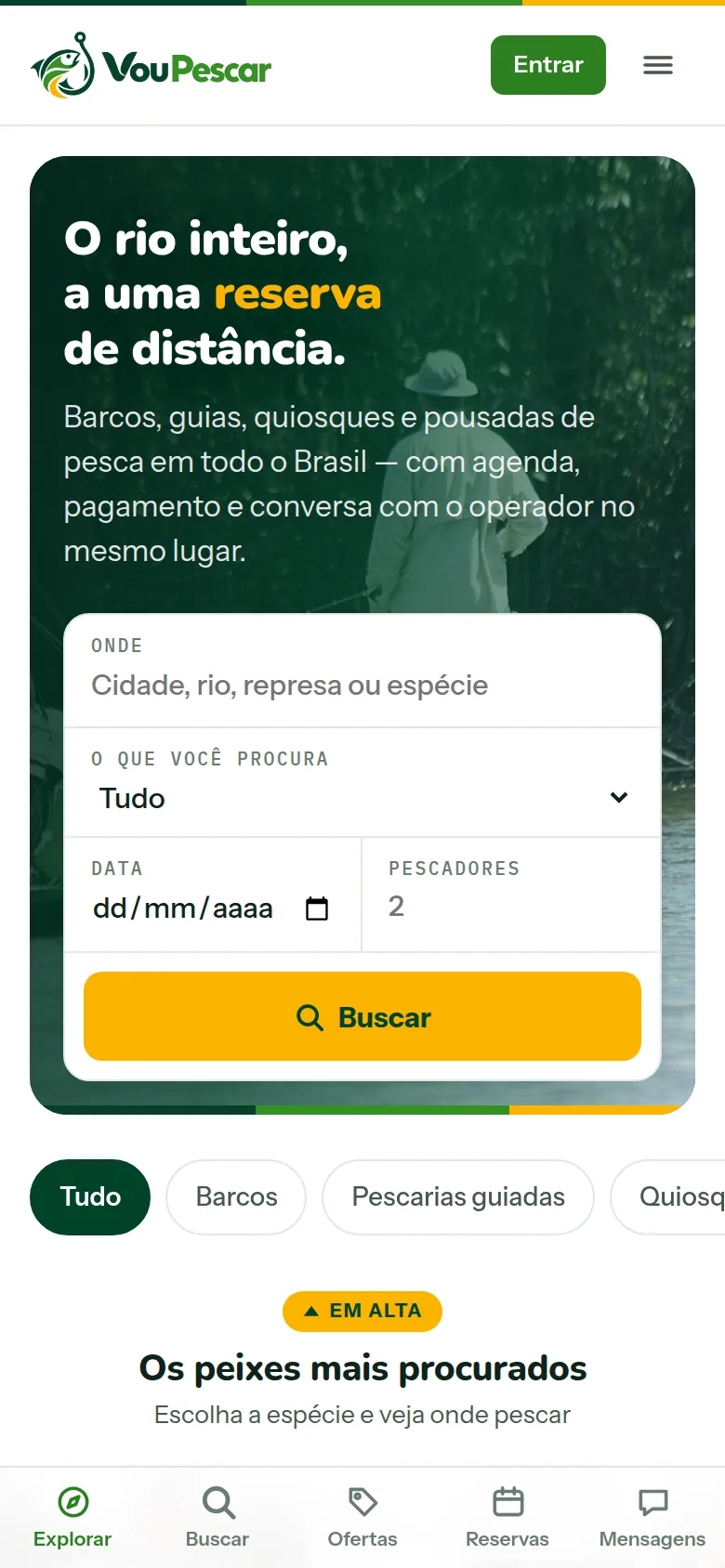 Tela inicial da Vou Pescar com busca por lugar, tipo, data e número de pescadores